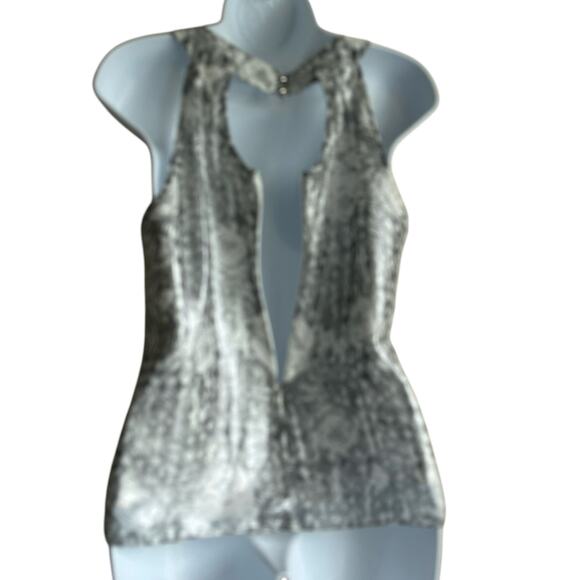 ECI Women Top 4 Metallic Silver Floral Rhinestone Neck Babydoll Disco‎ Glam Boho - Picture 5 of 11